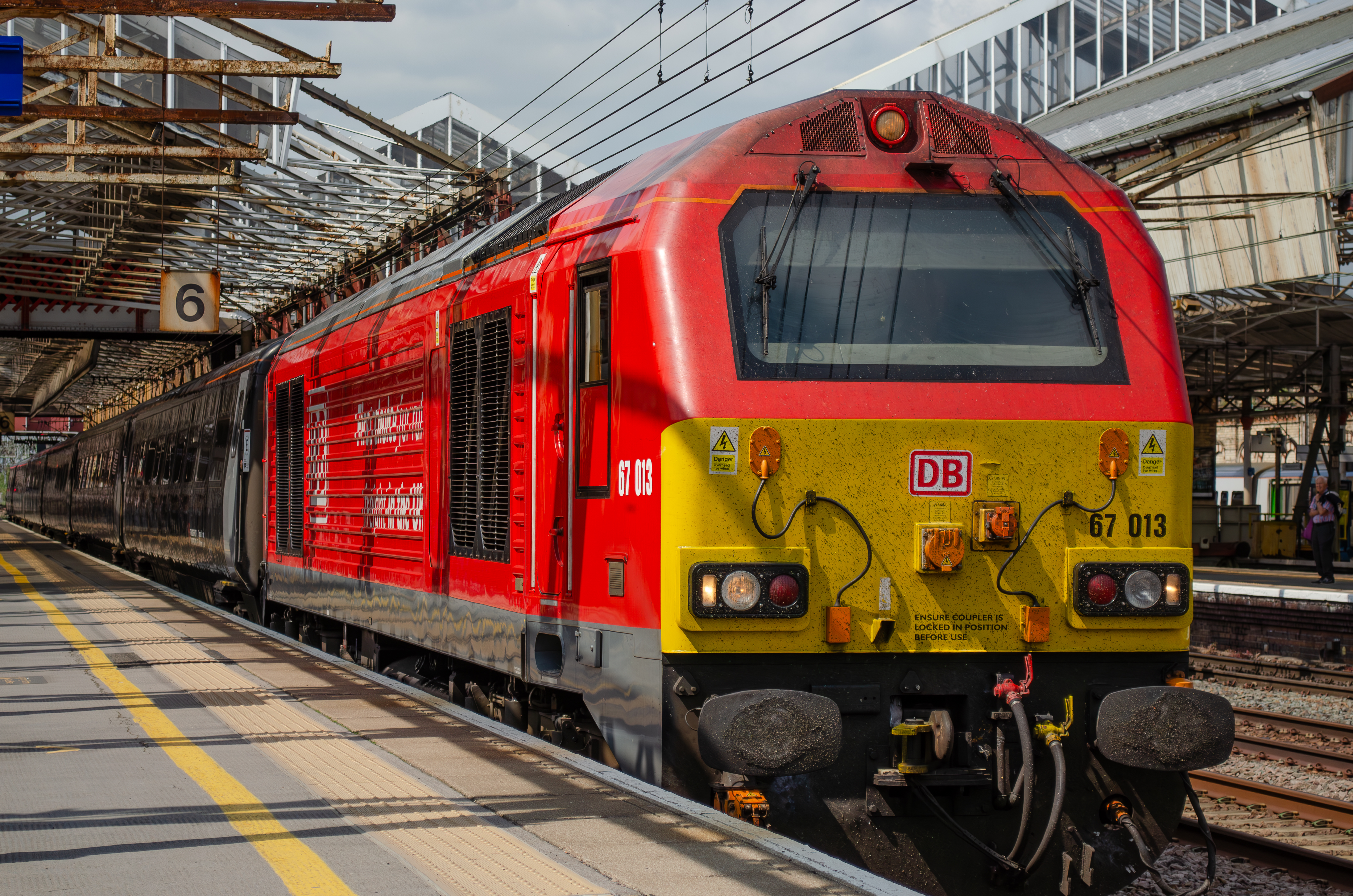 TfW Class 67 pictured at Crewe with a Mk4 set.