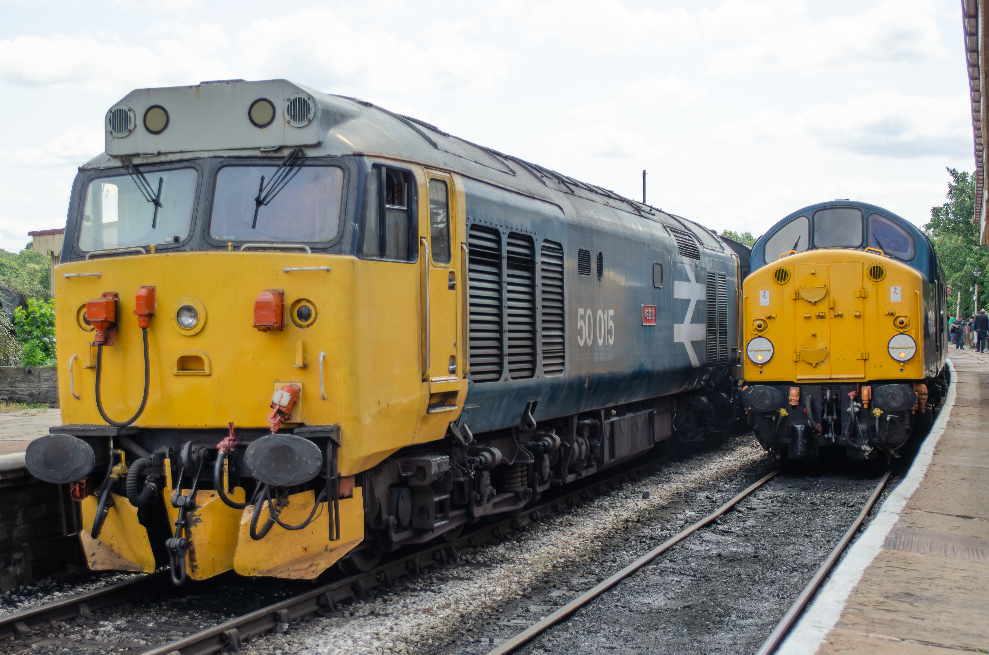 Class 40 No. 40012 Aureol passes Class 50 No. 50015 at Ramsbottom during first day of the East Lancashire Railway Diesel Gala on 3rd July 2025. 